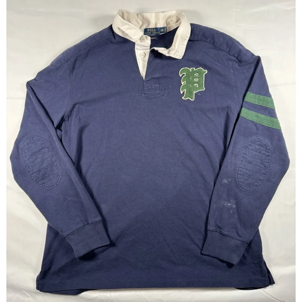 Polo Ralph Lauren Rugby Shirt Mens XXL Navy Chenille P 67 Patch Green Stripe LS